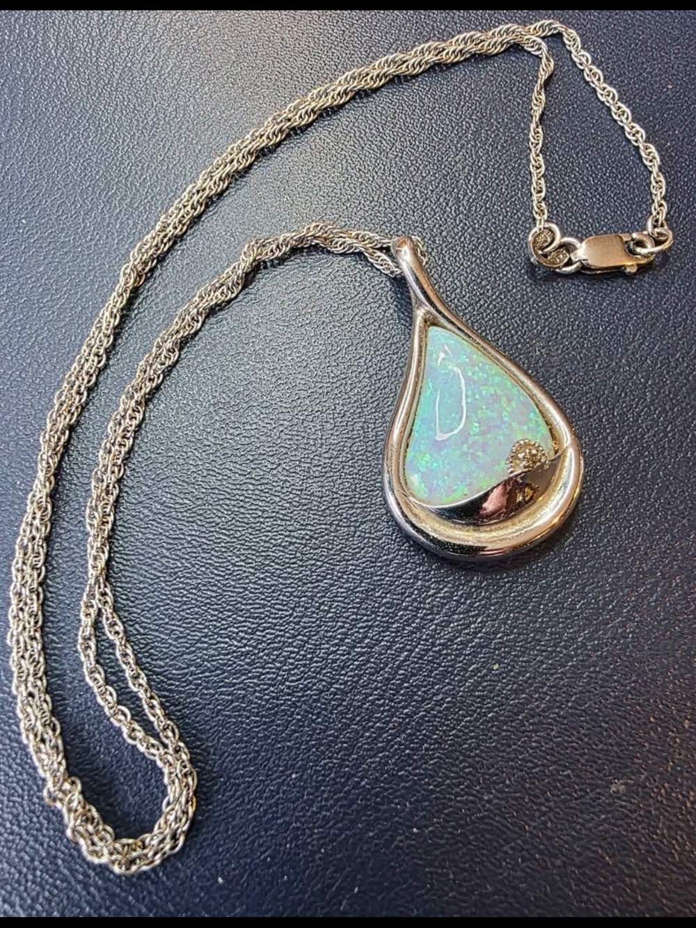 Silver Teardrop Opal Pendant Necklace - Iridescent Blue-Green